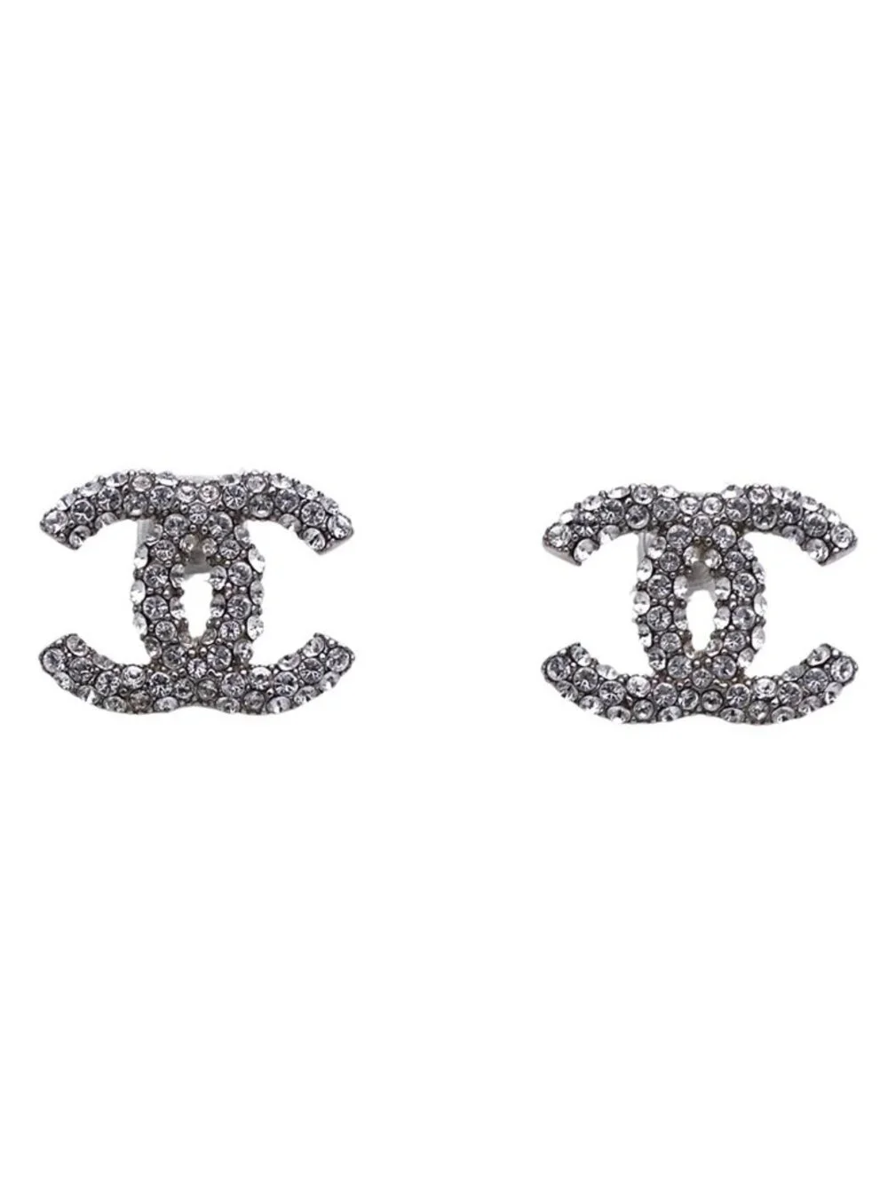 Chanel Earrings Rhinestone CC Logo Silver Small